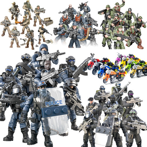 翔俊可动军事兵人拼插积木人仔