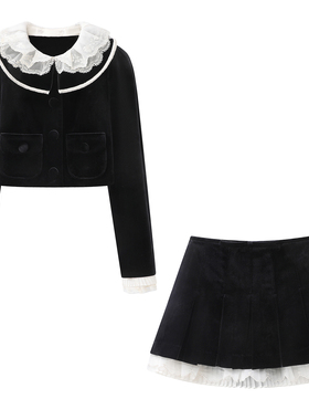 法式宫廷风蕾丝娃娃领丝绒短外套女2026春季新款黑色套装学院风