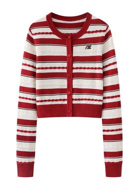 翻领红色条纹圆领开衫毛衣女2026春季新款短款针织衫