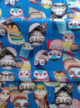 真丝弹力缎面料卡通猫头鹰数码印花19姆软糯 stretch silk satin