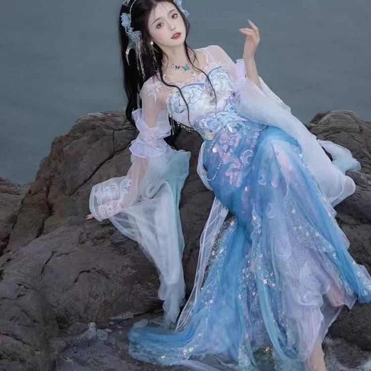 海上生明月汉服汉元素蓝色礼服款连衣裙抹胸下裙分体式礼服演出服