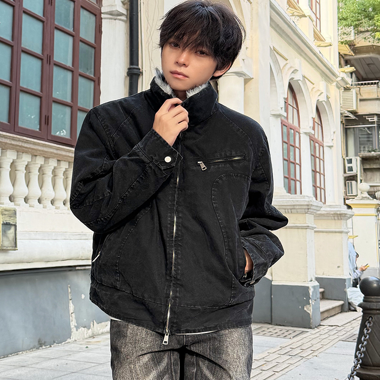行星世界 复古水洗座山雕高级感夹克男内里拼毛加厚保暖廓形外套