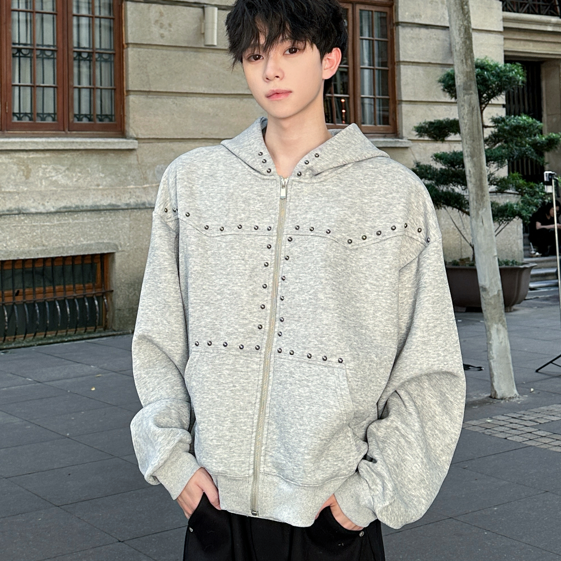 行星世界美式复古铆钉连帽卫衣男女宽松休闲百搭情侣上衣