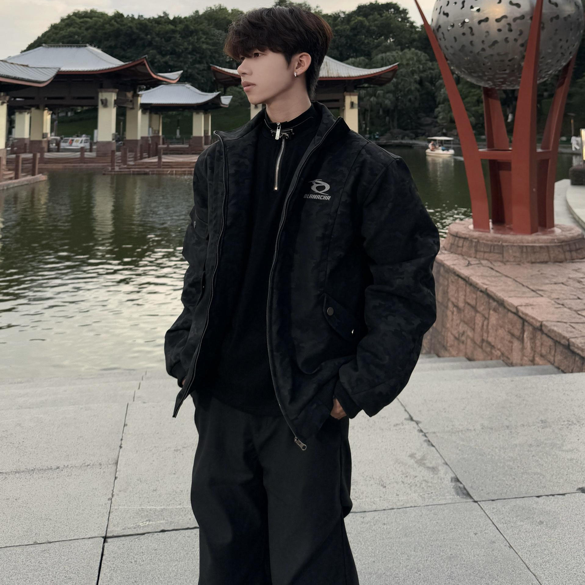 行星世界 美式复古字母印花迷彩夹克棉衣高街宽松多口袋工装外套