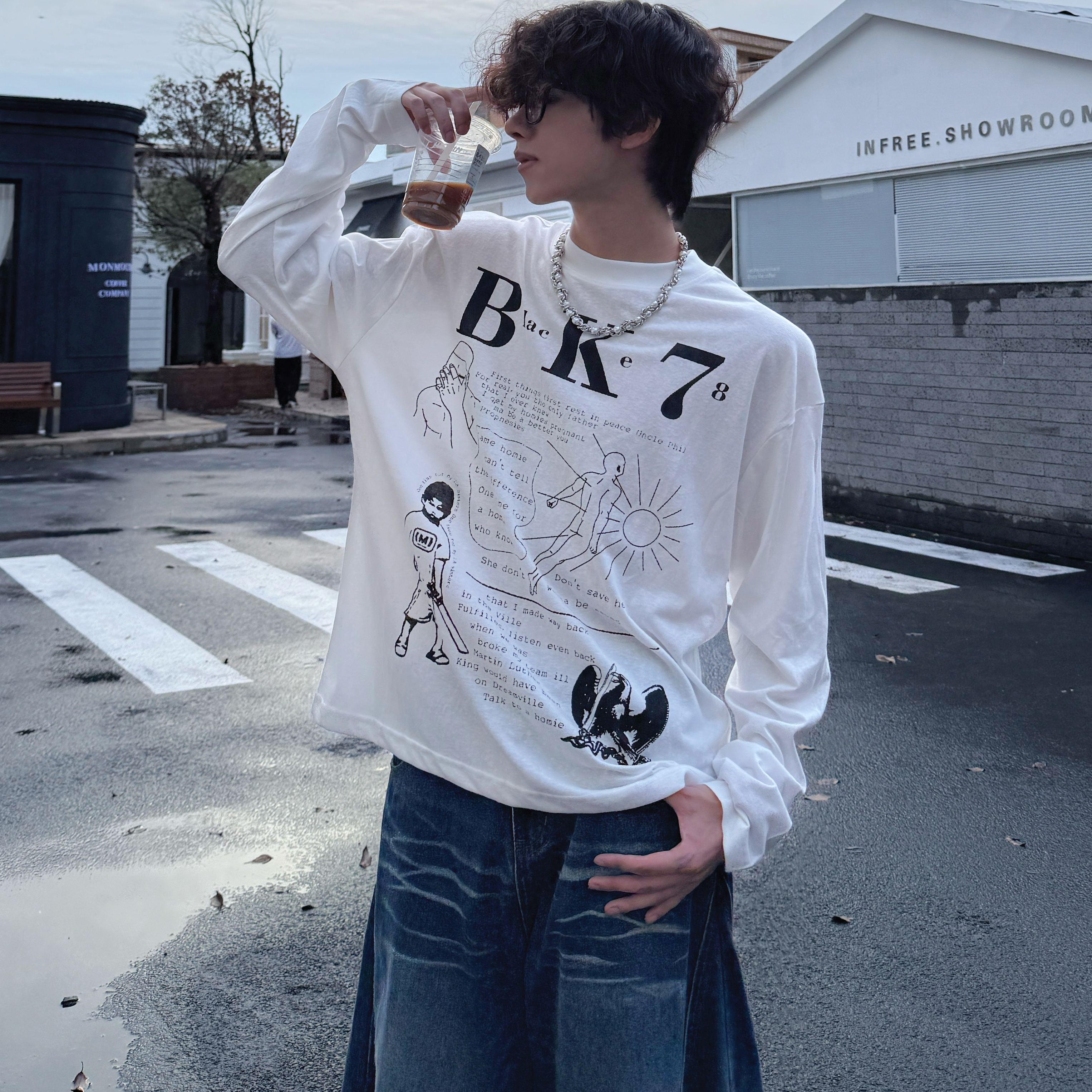 行星世界美式复古字母印花斜肩短袖T恤女夏季慵懒风宽松休闲上衣