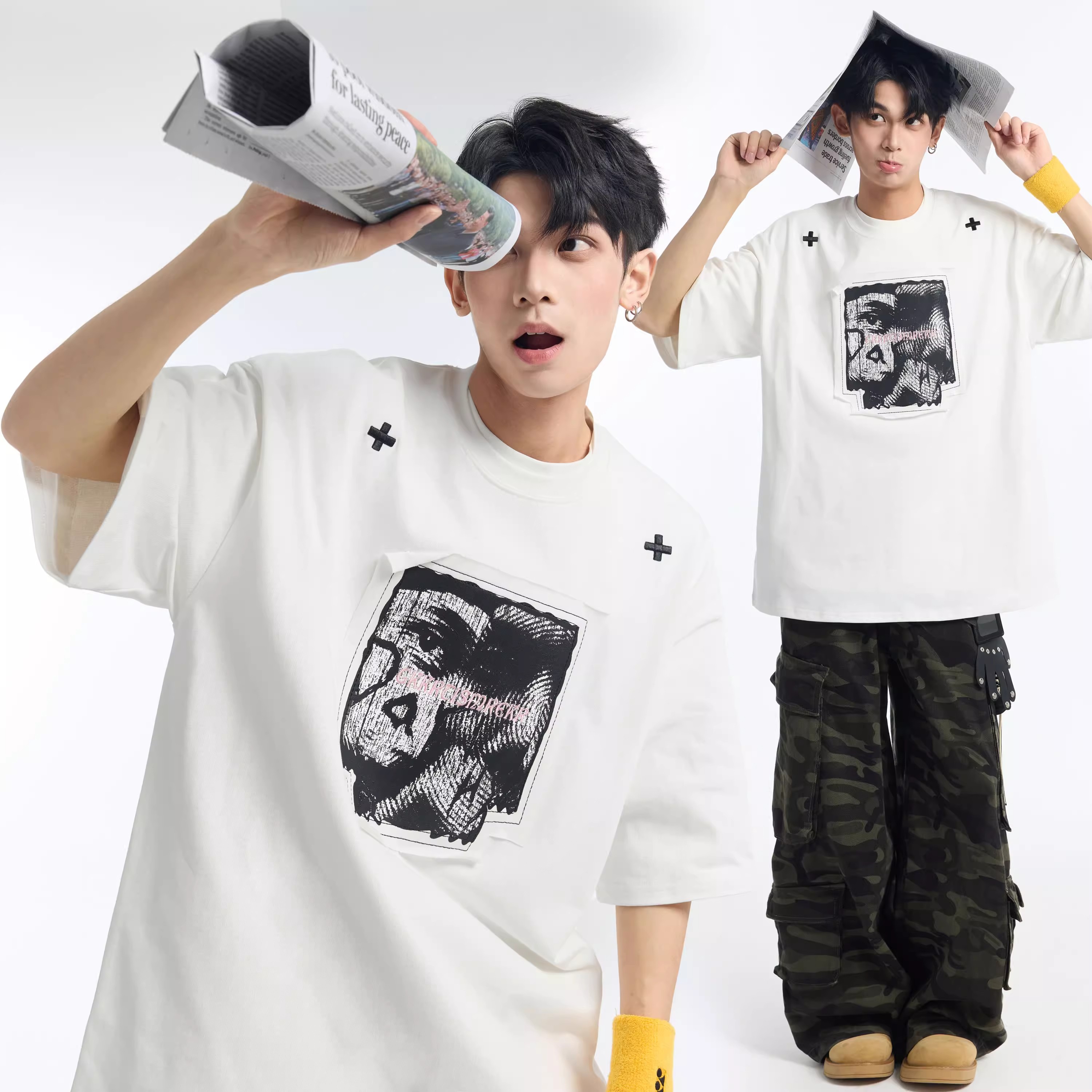 行星世界 映象感刺绣短袖T恤男款美式潮牌高街重磅宽松情侣上衣