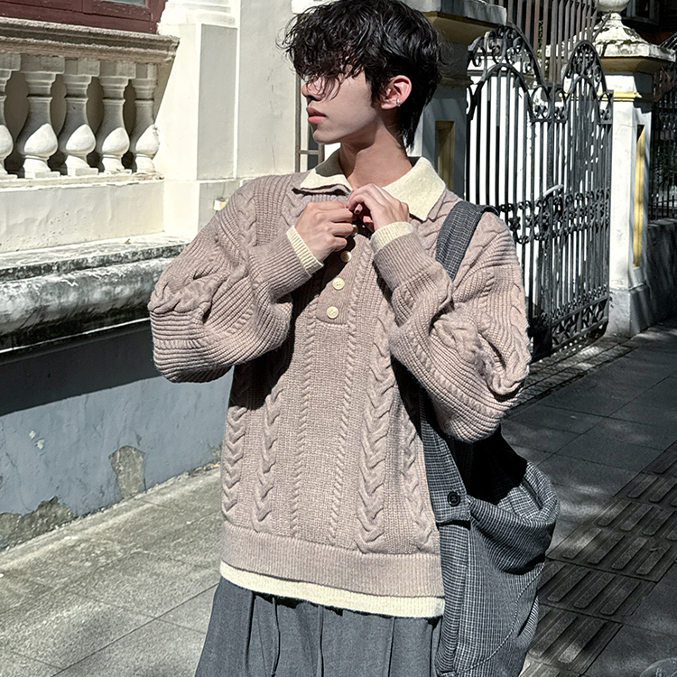 行星世界2025冬季新New美式复古老钱风简约假两件翻领毛衣