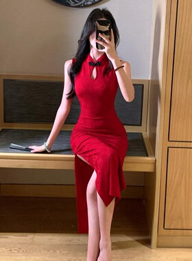 复古红色旗袍连衣裙女2026夏季新款绝美气质性感修身包臀开叉裙子
