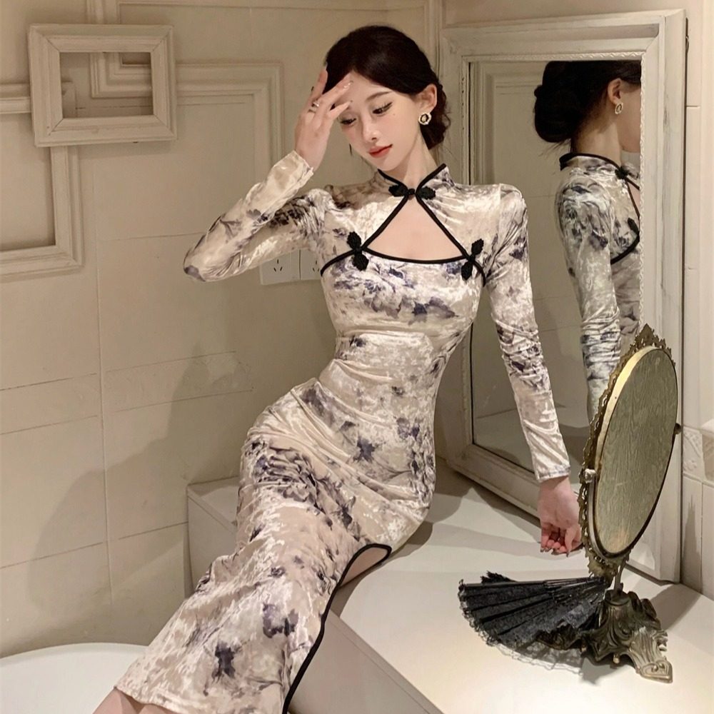 秋冬新款复古国风气质性感镂空修身包臀开叉长袖旗袍女丝绒连衣裙