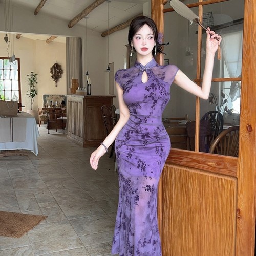 复古鱼尾裙网纱印花镂空修身显瘦