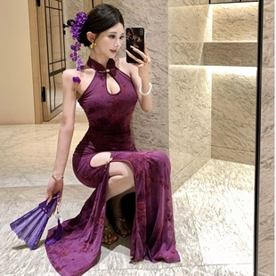 高级感新中式复古风气质性感露背开叉宴会旗袍礼服连衣裙挂脖长裙
