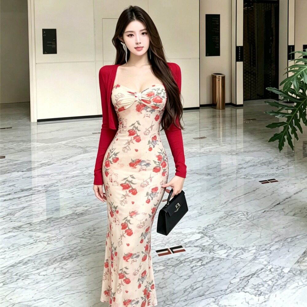 性感两件套连衣裙印花时尚显身材