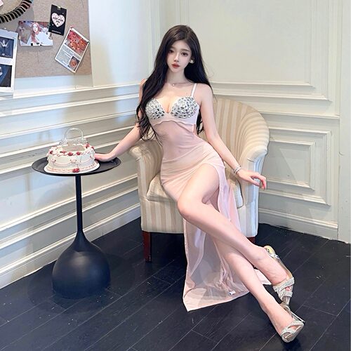 夜场性感低胸烫钻网纱透视高开叉吊带连衣裙女技师服KTV礼服长裙