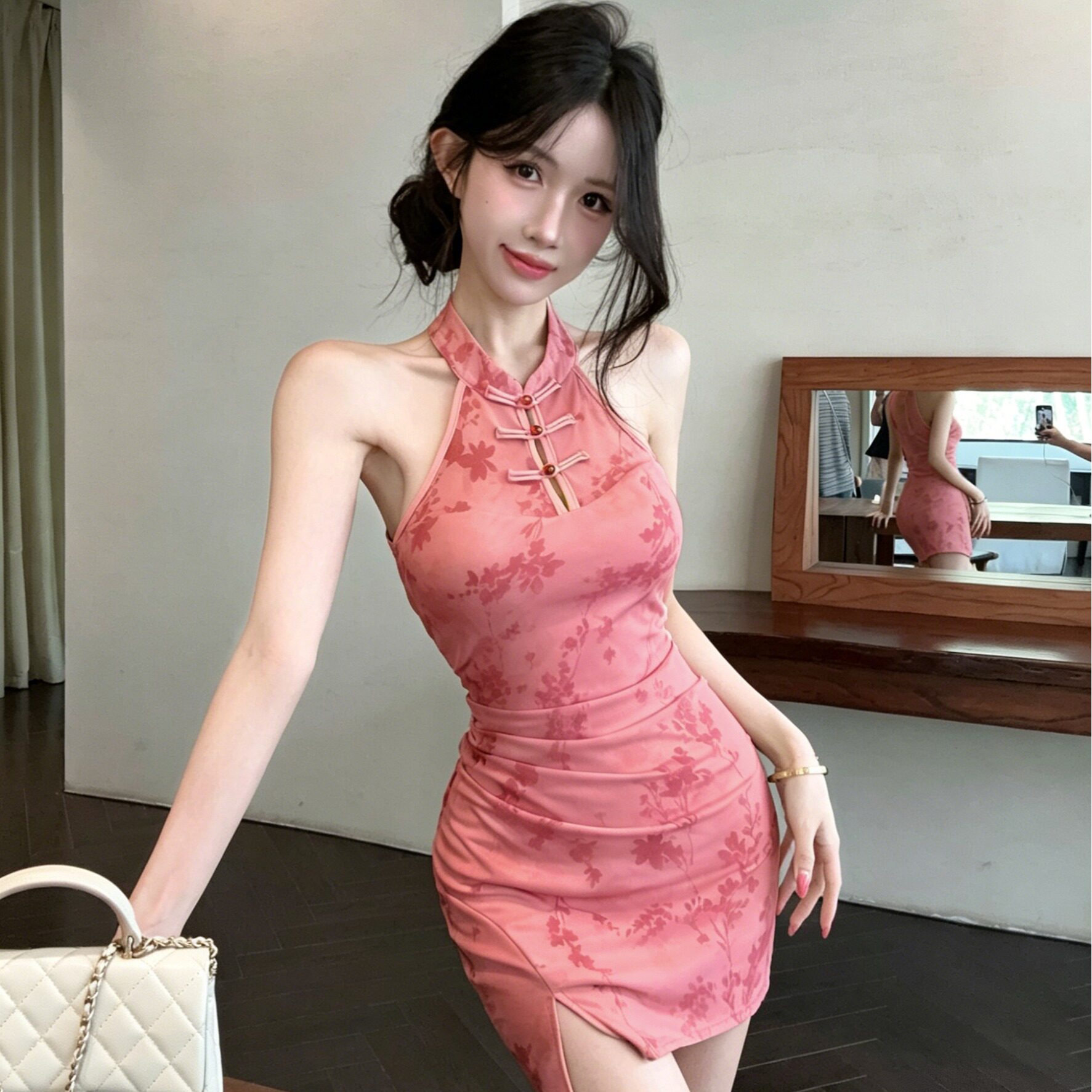 新中式复古印花年轻减龄短款旗袍连衣裙女足浴技师服性感包臀短裙