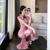 复古风气质性感镂空修身 旗袍连衣裙女技师工作服 包臀开叉网纱短袖