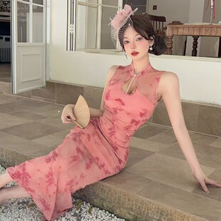 改良旗袍女技师服复古气质性感网纱拼接修身 连衣裙 包臀开叉新中式