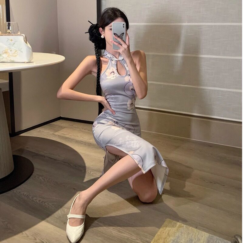 复古新中式气质纯欲无袖旗袍女技师服包臀开叉连衣裙直播拍照上镜