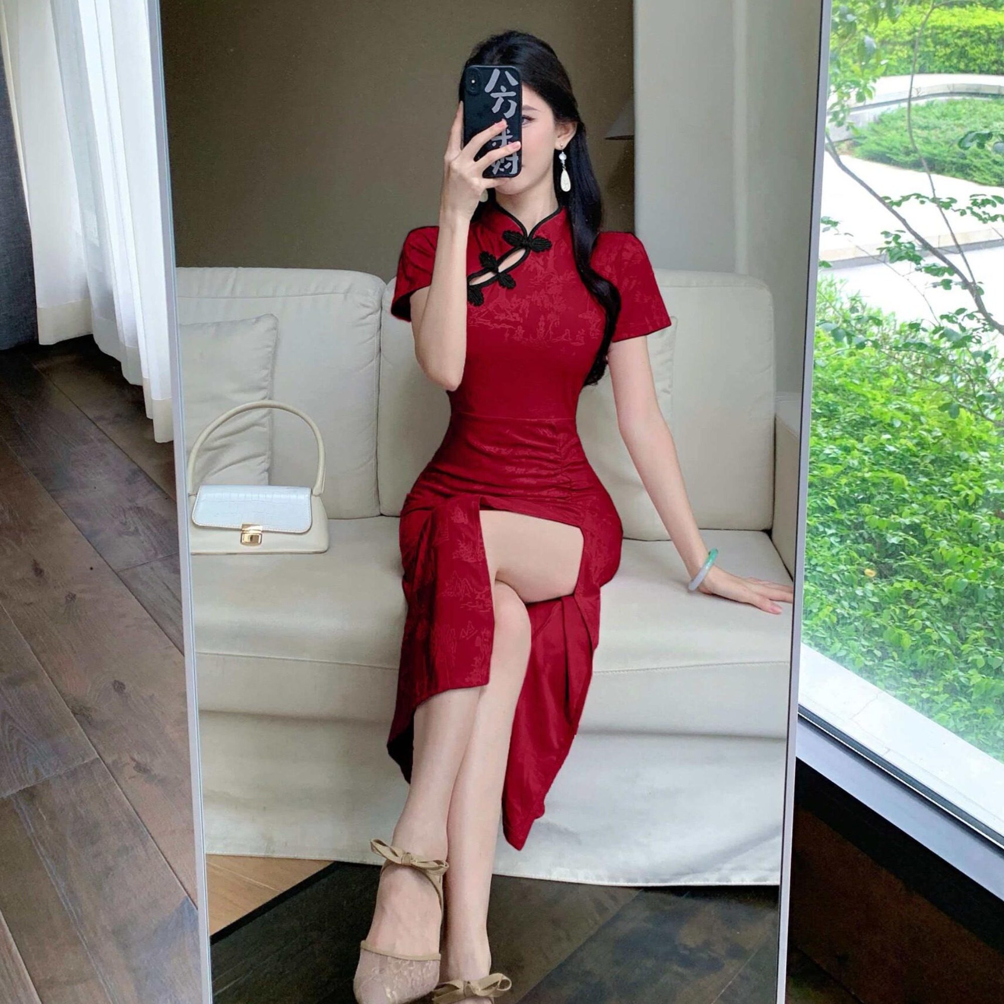 红色修身显瘦包臀开叉气质复古新中式改良旗袍连衣裙女技师工作服