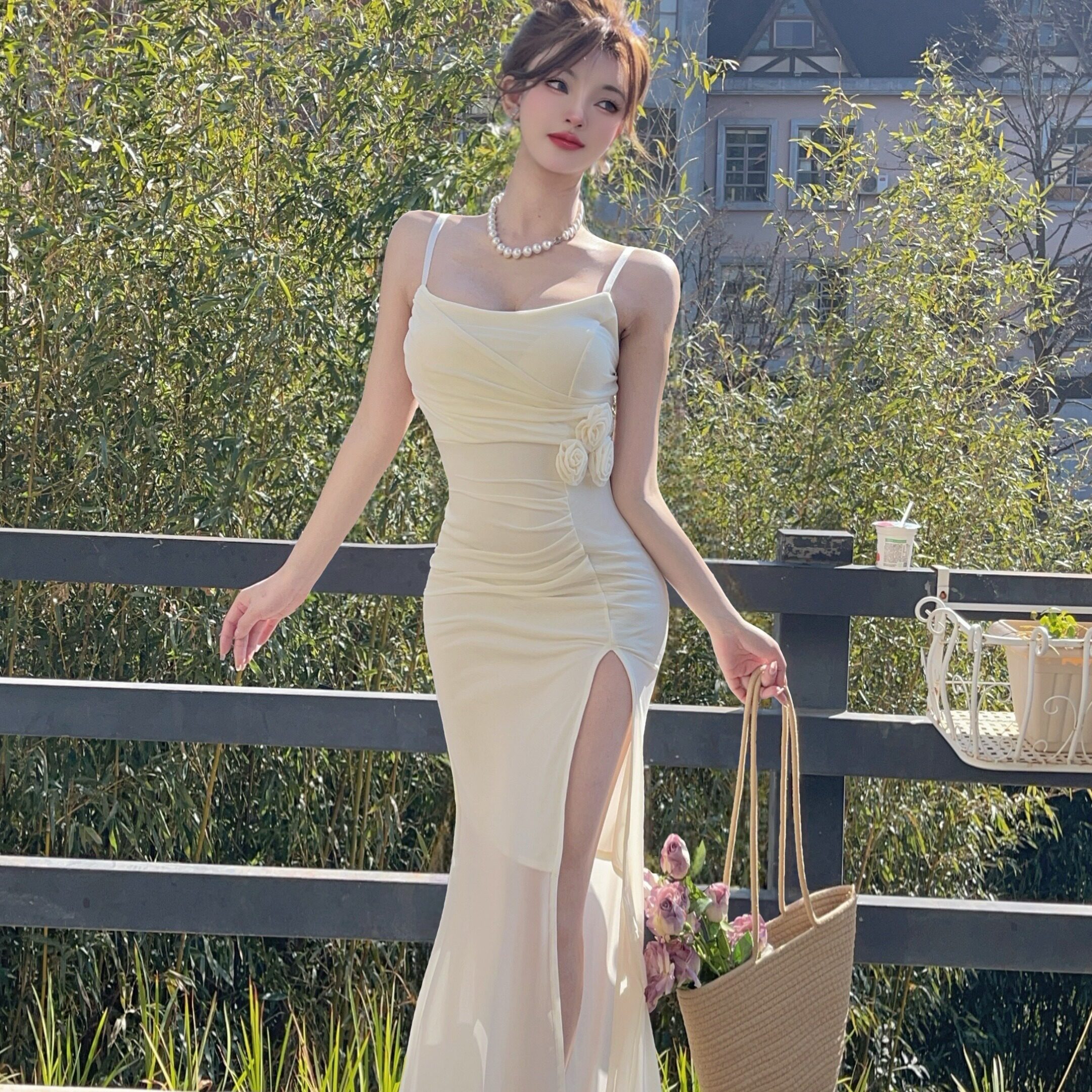 KTV夜场性感低胸网纱修身包臀开叉长裙spa按摩女技师工作服连衣裙