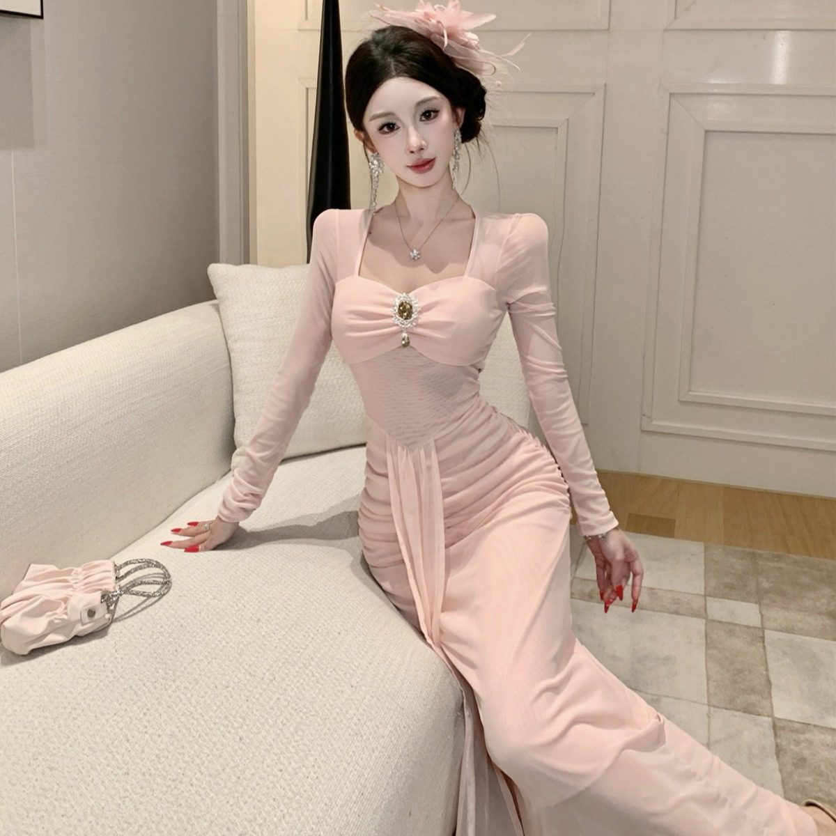 宴会礼服鱼尾长裙设计感小众法式气质绝美富家千金主持人连衣裙女