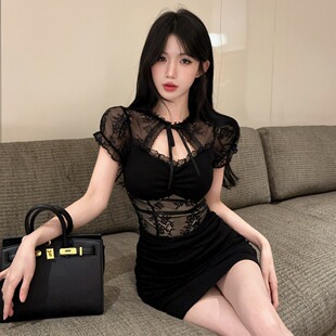 小众设计蕾丝透视性感辣妹黑色修身显瘦绑带短袖连衣裙女包臀短裙
