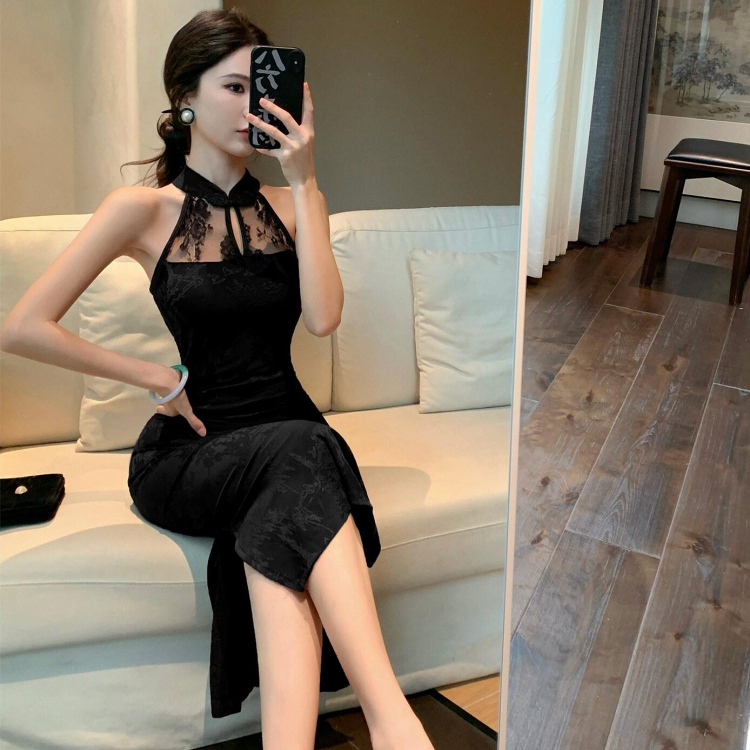 新中式改良旗袍女网纱蕾丝拼接无袖连衣裙夏季气质性感开叉包臀裙