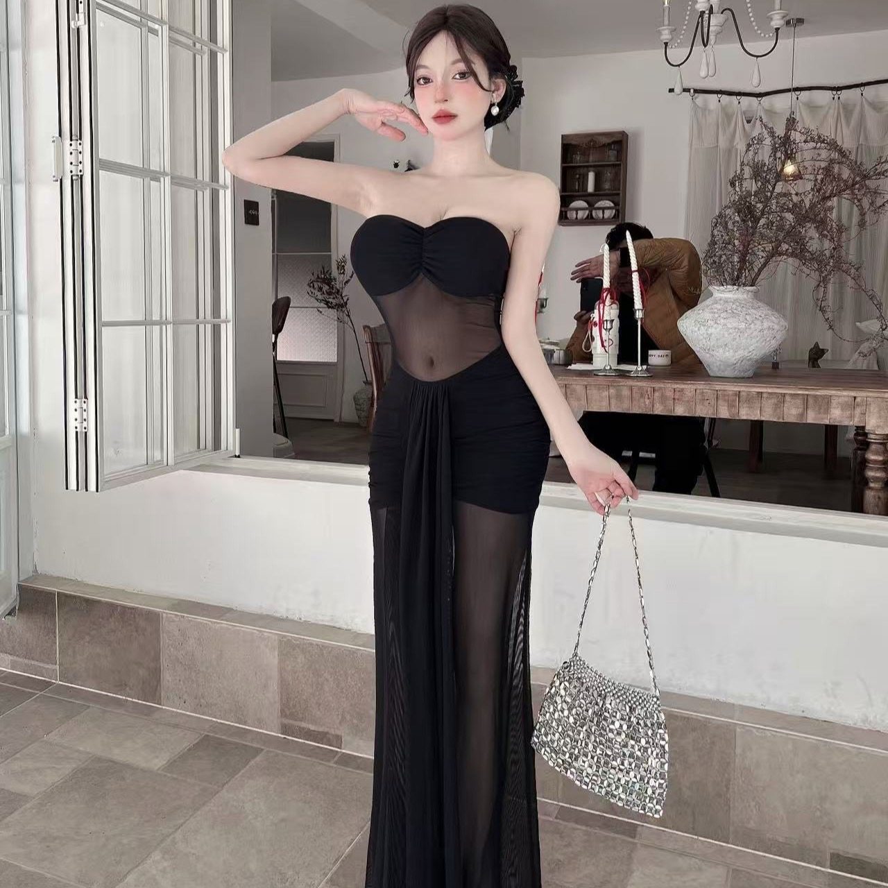 纯欲性感辣妹网纱拼接抹胸连衣裙带胸垫女技师服夜店ktv包臀长裙