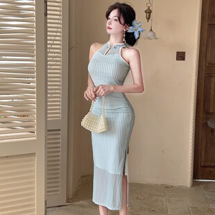 复古气质纯欲性感显身材修身 旗袍连衣裙按摩女技师服 包臀开叉无袖