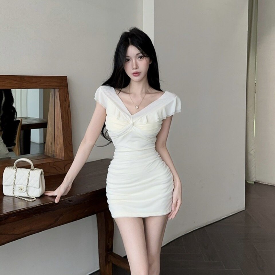 性感露肩修身包臀网纱连衣裙女