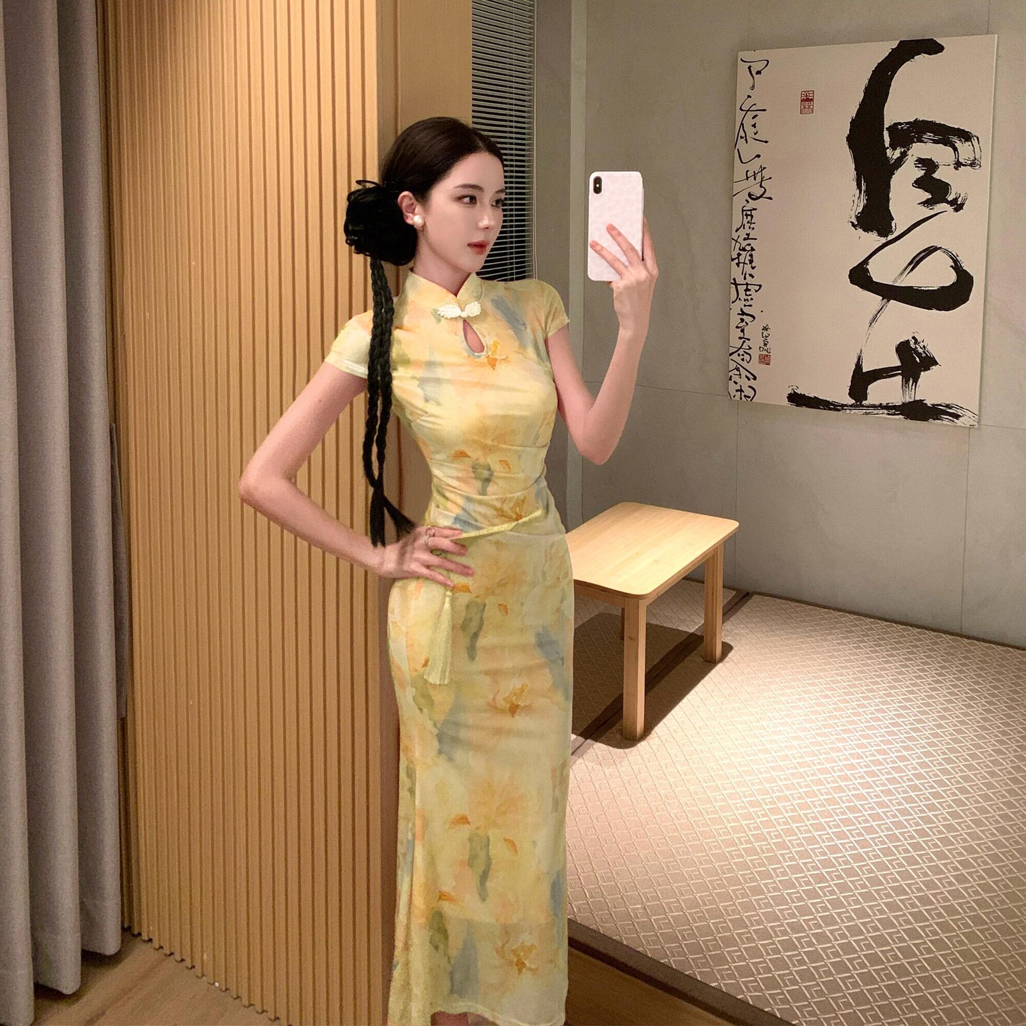 复古日常可穿中长款印花旗袍显白