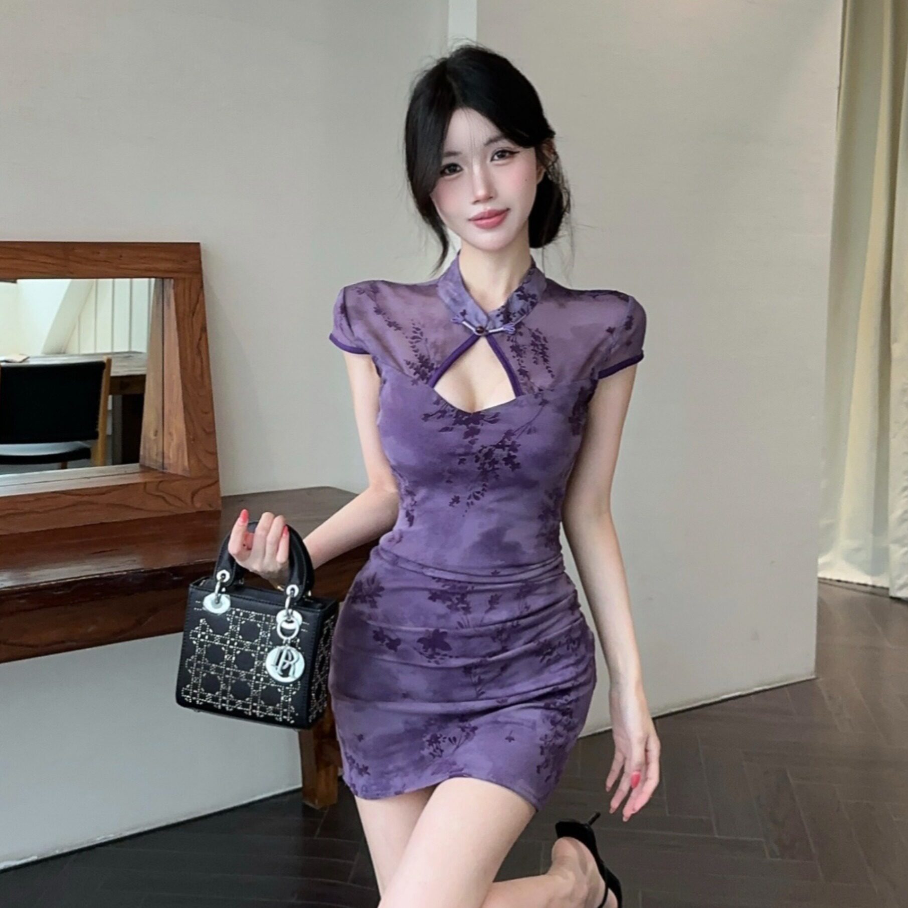 夏季新中式复古网纱拼接短款改良旗袍连衣裙气质性感女技师工作服