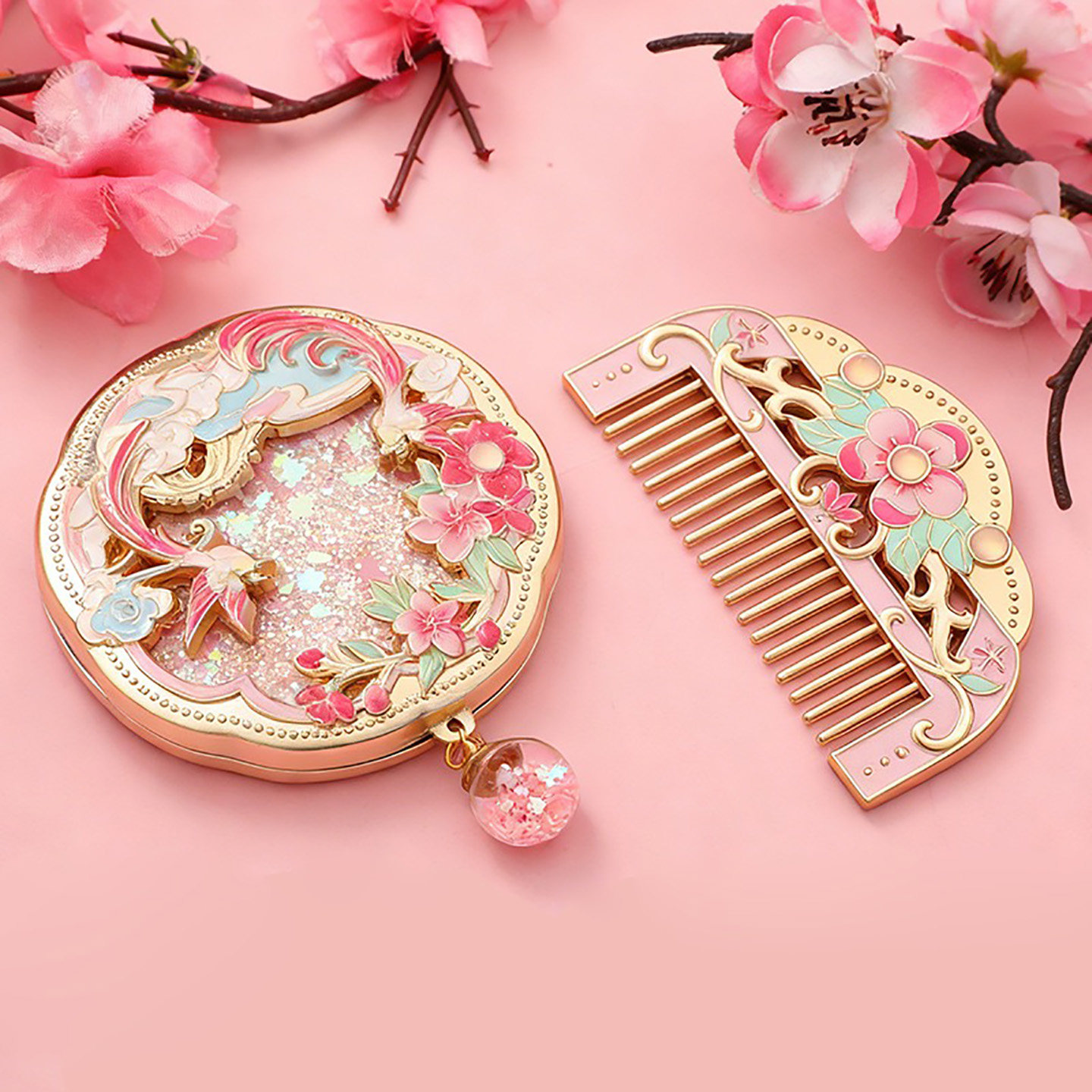 国潮流沙化妆镜梳子套装镜中式夜光梳妆镜随身携带手持镜节日礼物