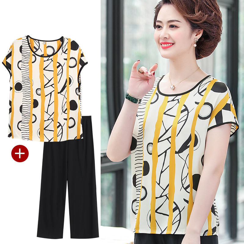 妈妈装夏季雪纺中袖上衣T恤2020新款大码时尚中年女士短袖两件套