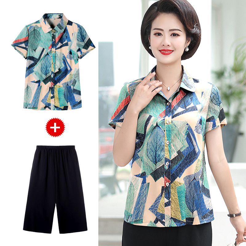 中老年人夏季雪纺衫上衣女新款中年女士夏装短袖T恤妈妈大码衬衫