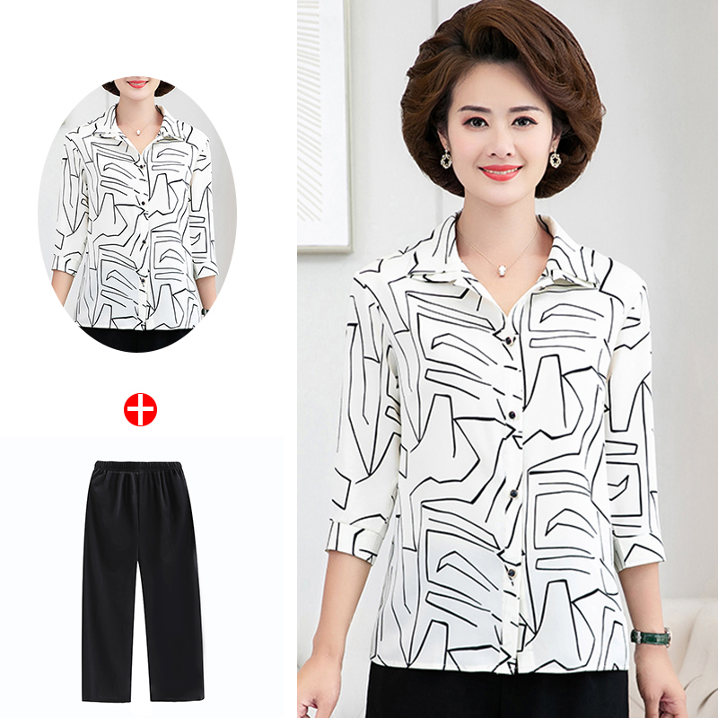 中老年半袖女装衬衫2020新款妈妈夏装衬衣洋气上衣透气薄衣服套装