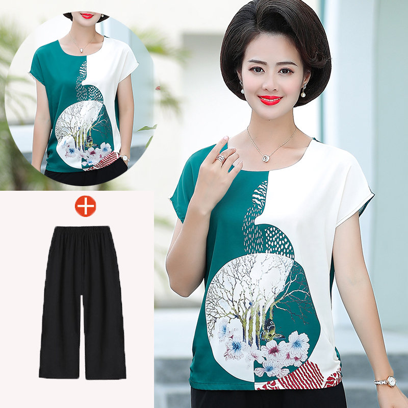 妈妈短袖T恤夏季中年女夏装雪纺上衣中老年人洋气套装40-50岁衣服