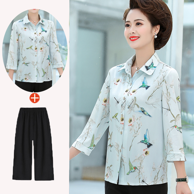 2020新款妈妈夏装洋气衬衣中年女中袖翻领上衣中老年春季雪纺衬衫
