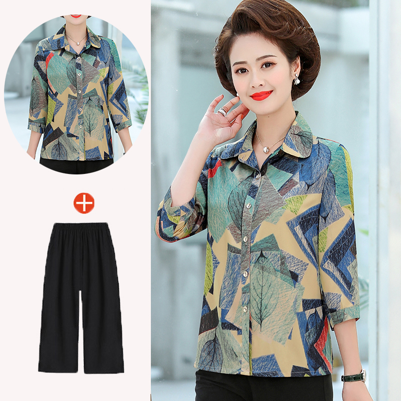 2020新款妈妈夏装衬衫半袖中老年女装两件套雪纺衫中年人洋气T恤
