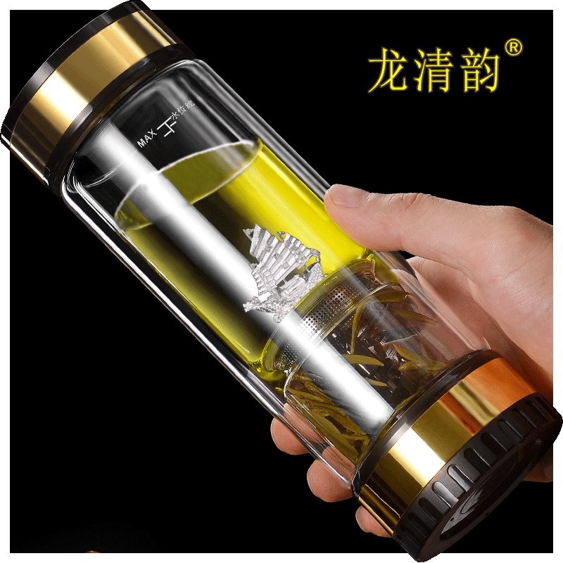 龍清韻純銀高檔茶水分離泡茶杯男女便攜個(gè)人專用水杯雙層玻璃杯子