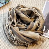 MIXMISS 清冷日系条纹棉麻围巾慵懒小流苏百搭围脖 文艺故事感