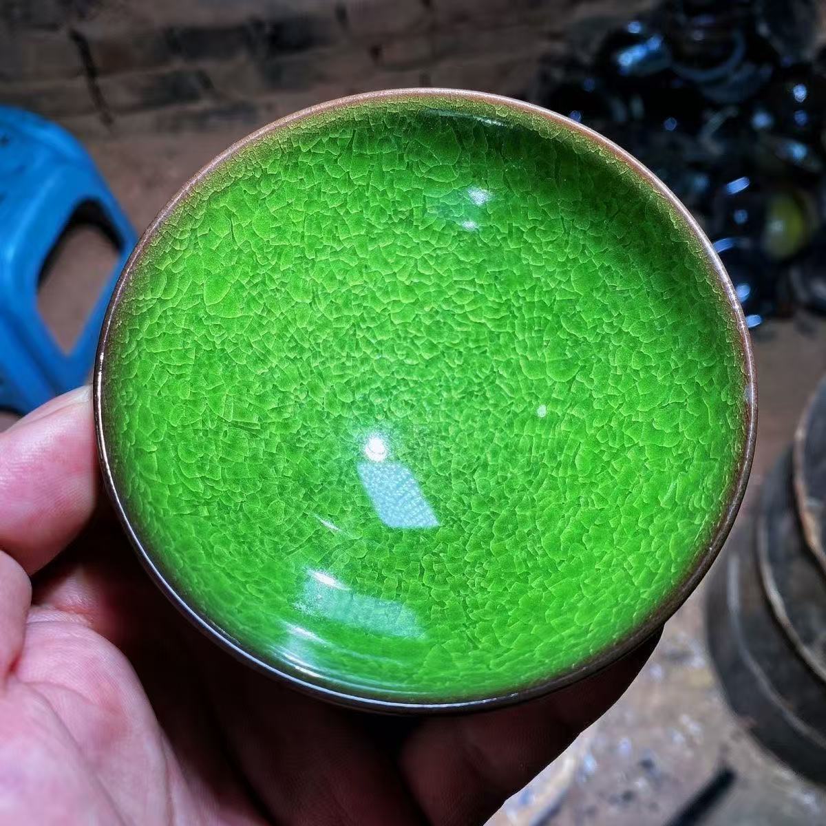 纯手工帝王绿翡翠建盏冰裂釉杯图片