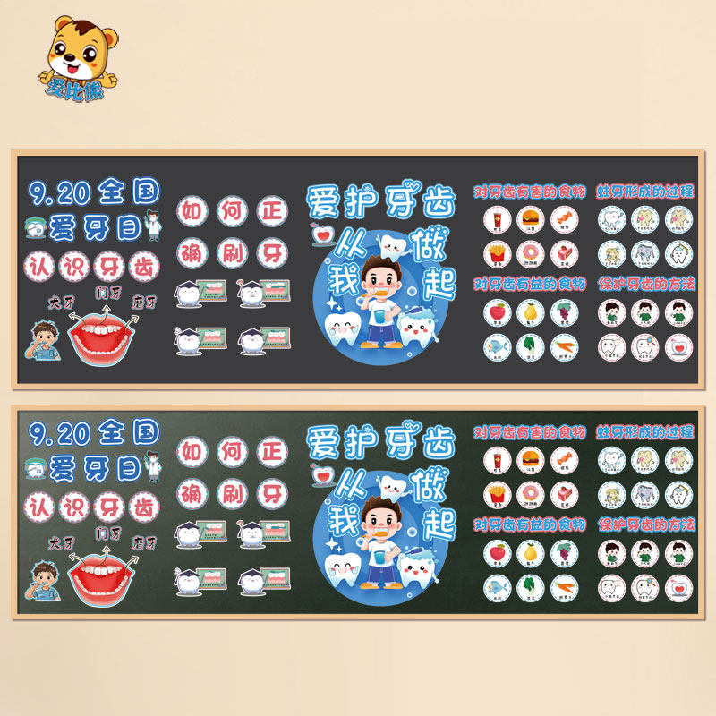 幼儿园小学爱牙日黑板报布置墙贴认识牙齿有害有益的食物正确刷牙
