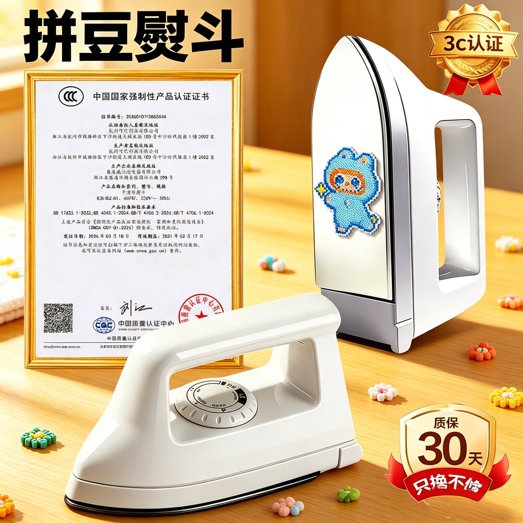 拼豆专用大白熨斗烫豆工具3c认证电熨烫不锈钢底可调温干湿两用af