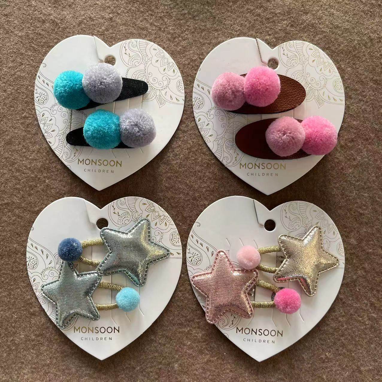 Monsoon Children儿童发卡粉色金色星星毛球球可爱边夹发夹刘海夹