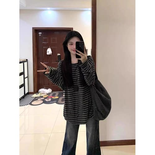 韩系不规则撞色条纹长袖t恤女