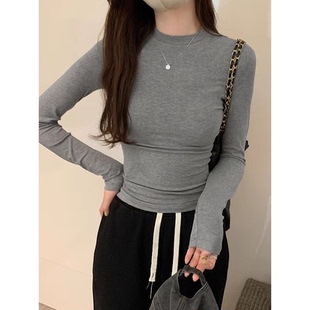 显瘦ins上衣女 t恤女秋冬百搭纯色修身 美式 德绒辣妹圆领高级灰长袖