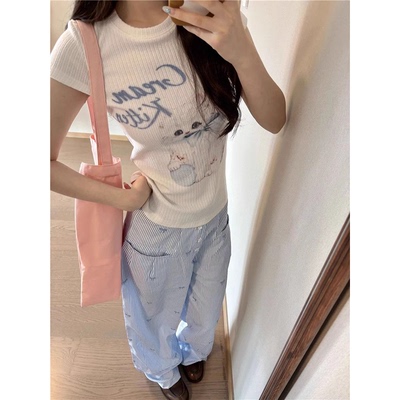 蝴蝶结小猫咪卡通印花短袖t恤女