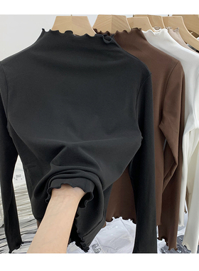 双面德绒上衣加绒加厚木耳边修身显瘦纯色半高领打底衫内搭insT恤