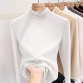 显瘦正肩ins长袖 小立领白色打底衫 女秋冬德绒保暖上衣内搭修身 T恤