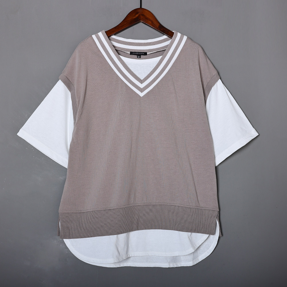 夏季新品V领卫衣韩版时尚拼接短袖宽松休闲撞色假两件体恤上衣潮